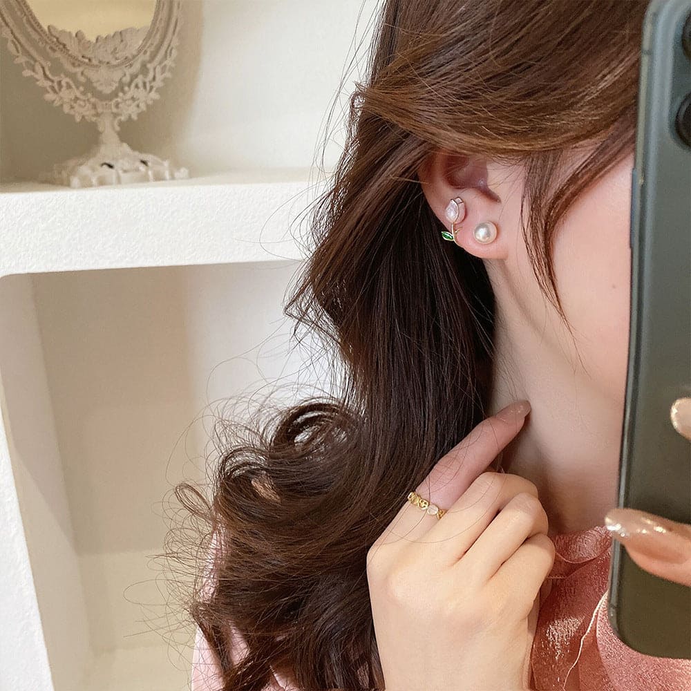 Luxury Pink Tulip Flower Pearl Stud Earrings, Light Luxury Design Sense Earrings, Elegant Zircon Pearl Earring Luxury Pink Tulip Flower Pearl Stud Earrings, Light Luxury Design Sense Earrings, Elegant Zircon Pearl Earring